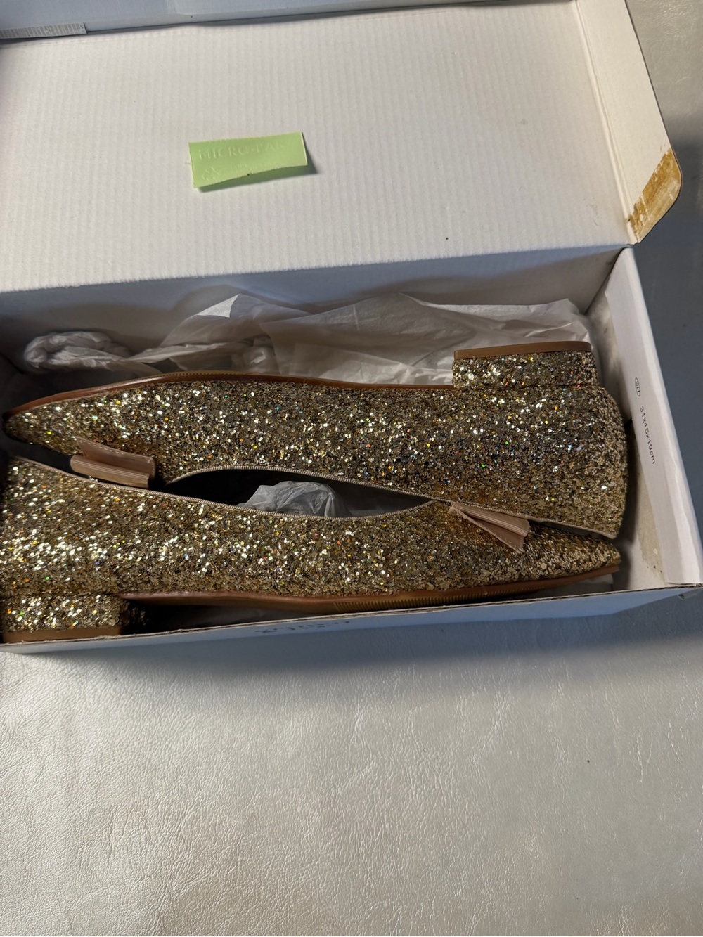 Crown and Ivy Gold Glitter Pointed Flats with Bow and Crystal Brooch - Picture 8 of 9